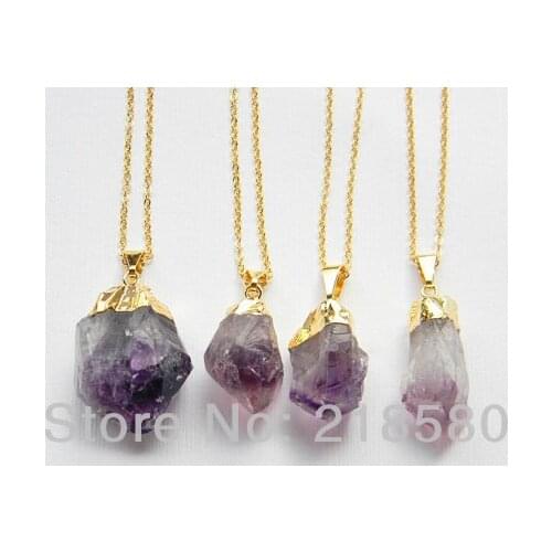 SN-009 5pcs/lot Hearing Stone Crystal Raw Quartz Created Amethysts Point Necklace Gold Electroplated Chain 18 inch