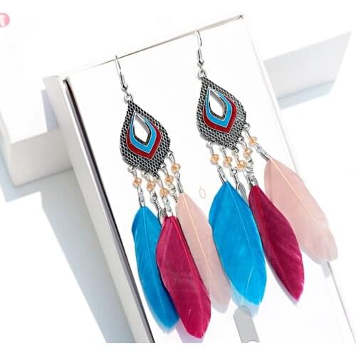 New Classic Yellow Long Feather Dangle Earrings Beach Silver Color Drop Earrings Wedding Bride Jewelry Oorbellen Hangers