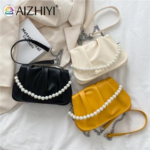 Women Pleated Shoulder Messenger Bag Pearl Small Pure Color PU Crossbody Girls Brief Womens Casual Messenger Bags
