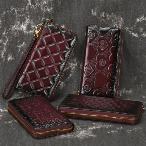 Genuine Leather Woman Wallet Handmade Long Purse Vintage Cowhide Leather multiple Card Holder Retro Clutch Standard Wallet