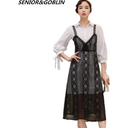 2019 New Autumn Runway 2 Piece Set Women White Cotton Long Shirt Blouse+Black Lace Sexy Spaghetti Strap Casual Dress Blend Suits