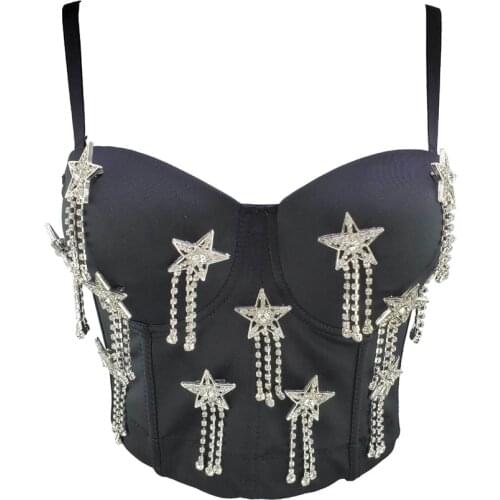 Rhinestone Tassel Corset Tops Sexy Summer Female Show Crop Top Women Camis Tops With Built In Bra Push Up Bralette Club