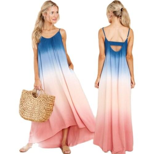 2021 summer dress tie dye digital printing loose womens summer sexy suspender long skirt U-shaped open back irregular dress