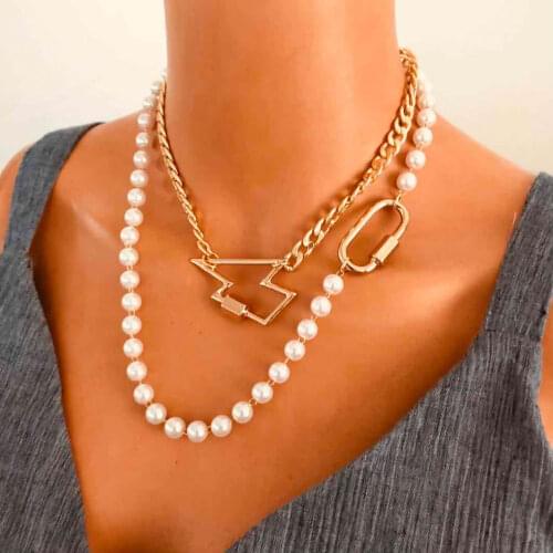 2020 New European Retro Alloy Crystal Lightning Star Necklace Button Carabiner Multi Layer Gold Chains Pearl Necklaces for Women
