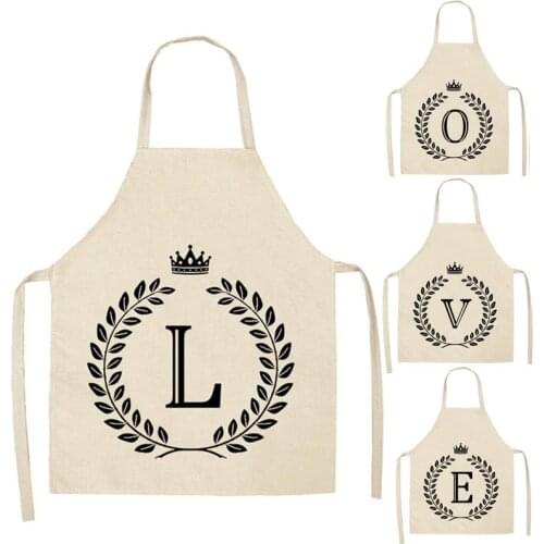 1 Pcs Simple Crown Letter Printed Kitchen Apron for Woman Man Cotton Linen Aprons For Cooking Home Cleaning Tools WQ09