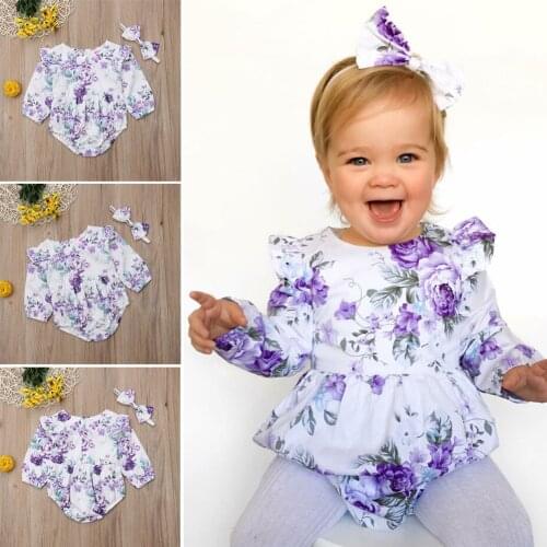 Fashion Cute Newborn Baby Girl Floral Long Sleeve Romper Jumpsuit Headband 2pcs Autumn Clothes