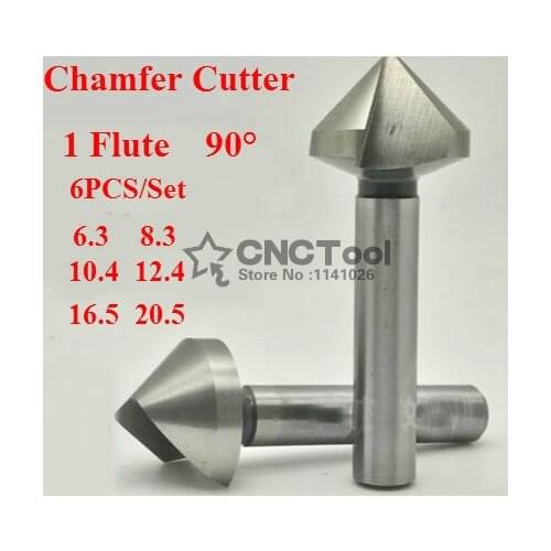 Free shipping 6pcs 1 flute 90 degree HSS Chamfer Cutter Chamfering Drilling Mill Drill Set Milling Cutting Tool Set