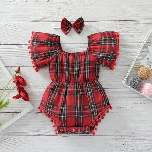 FOCUSNORM 0-3Y Lovely Baby Girls Christmas Rompers Headband 2pcs Plaid Printed Tassel Short Sleeve Off Shoulder Jumpsuit
