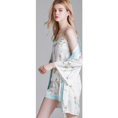 Sexy Ice Silk Pajamas Set 3PCS Mini Floral Print Robe Women Loose Summer Kimono Gown Simplicity Fresh Loungewear Strap Bathrobe