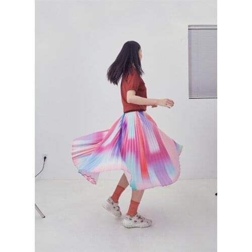 HOT SELLING Miyake fashion Color stripes pleated skirt waist skirts IN STOCK
