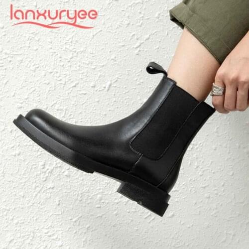 Lanxuryee motorcycle boots natural leather convenient leisure square toe thick med heel slip on energy coolest ankle boots L93