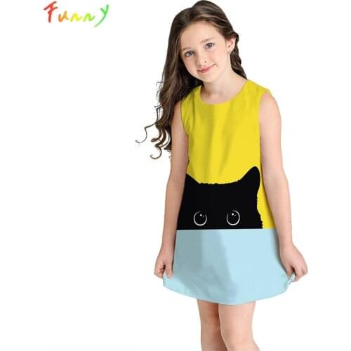 Cartoon Cat Print Girls Dress 10 to 12 Years Summer Round Neck Sleeveless Princess Dress Girl Costume Casual Childrens Dresses
