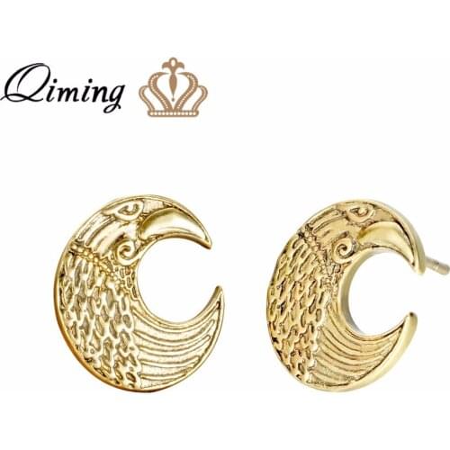 QIMING Crescent Moon Gold Earring Raven Pagan Slavic Pendant Amulet Classic Design Female Women Jewelry Retro Earrings Gift