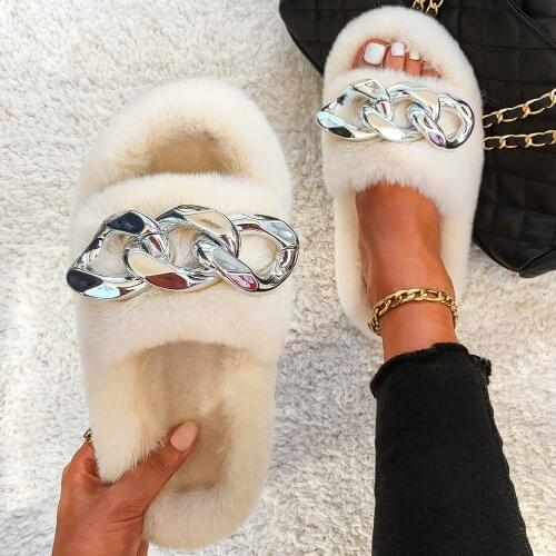 Women Sandals Plush Slippers Ladies Fashion Chain Decoration Faux Fur Flip Flops Fluffy Soft Furry Slides Summer House Slippers