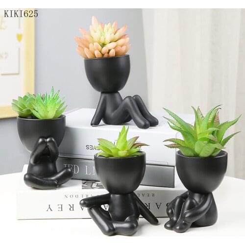 Modern Black White Ceramic Figure Flower Pot Vase Flower Arrangement Green Plant Potted Ornaments Abstract People Vase Flowerpot