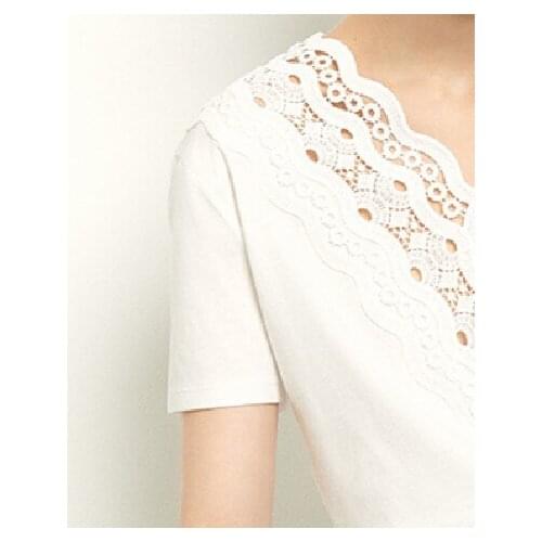 2021 Spring Summer Womens Shirt Embroidery Lace up Hollow out T-Shirt V-Neck White Ladies Tops Tee Female Sweet Outfit