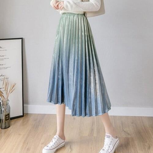 Korean Retro Elastic Waist Gradient Color Velvet Pleated Skirt high waist Metallic Bright Silk Midi a line skirts womens C498