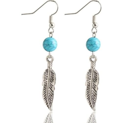 Vintage Blue Stone Feather Silver-Color Drop Earrings For Women Long Leaf Dangle Earrings Wholesale Accessory brincos