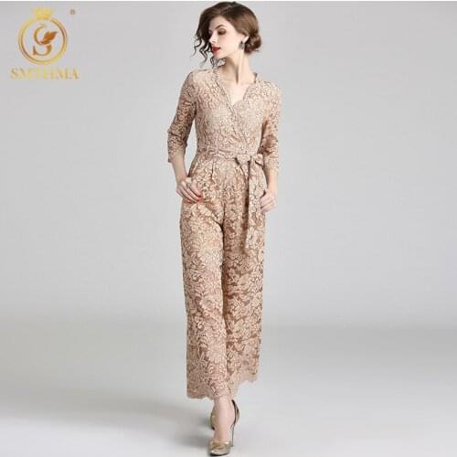 SMTHMA New Spring Jumpsuit Women Lace Hollow Out Sexy V-Neck Rompers Jumpsuit Women Runway Wide lLg Pants