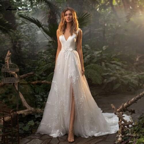 Lashmigown Women Modern Wedding Dress Side Split Sexy Bridal Lace Skirt A Line Wedding Dresses Open Back 2021 Batas de Nobia