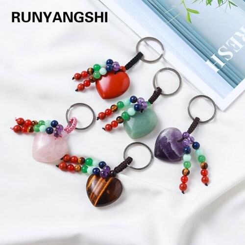 1PC Natural Crystal Gem stone love Heart Shaped Pendant Seven chakra Therapy Stone key ring Decorative