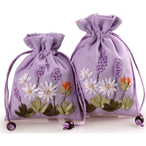 Handmade Ribbon Embroidery Small Linen Cloth Bags for Jewelry Packaging Bags Drawstring Pouch Empty Sachet lavender Bags 10pcs