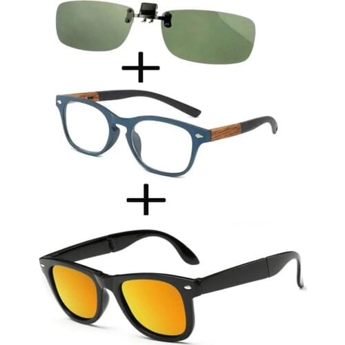 3Pcs!!! Comfortable Wooden Squared Frame Reading Glasses for Men Women + Polarized Sunglasses Foldable + Sunglasses Clip