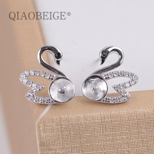 QIAOBEIGE Diy handmade accessory 925 silver cute cygnet earrings 5-6mm 6-7mm pearl DIY Parts,components for jewelry making