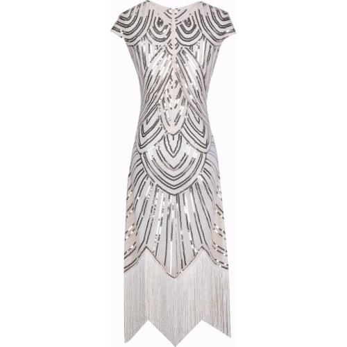 Women 1920 s Vintage Great Gatsby Dress Sequins Dress O-Neck Tassels Bodycon Beaded Party Dress Flapper Dresses Art Deco Double