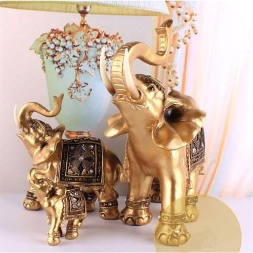 Home Gift Golden Resin Elephant Statue Lucky Feng Shui Elegant Elephant Trunk Statue Lucky Wealth Figurine Crafts Ornaments