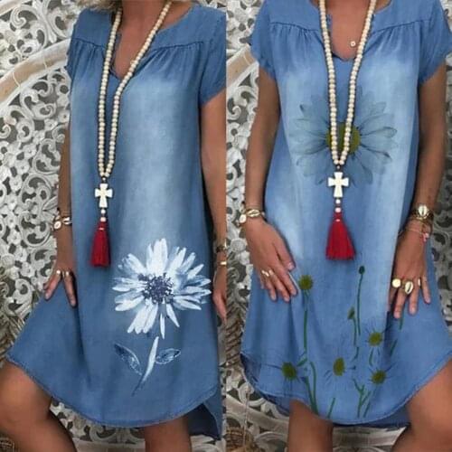 Denim dresses For ladies Womens Summer Casual Long Party Dresses Girls Sundress Outfits Short Sleeve Swing Dress Roupas