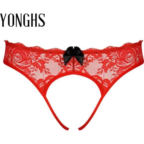 Erotic Sexy Open Crotch Underwear Mens Floral Lace G-string Underpants Bowknot T-back Sissy Lingerie Crotchless Thong Briefs