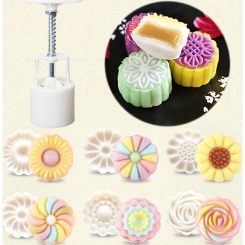 Moon Cake Mould Mold with 6Pcs Stamps Round Flower Pastry Mooncake Hand DIY Tool