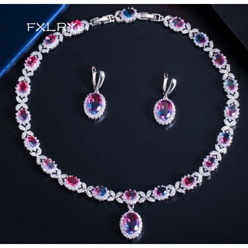 FXLRY Elegant Rainbow Cubic Zirconia Crystal Oval Drop Earrings and Necklace Set For Women Wedding Jewelry