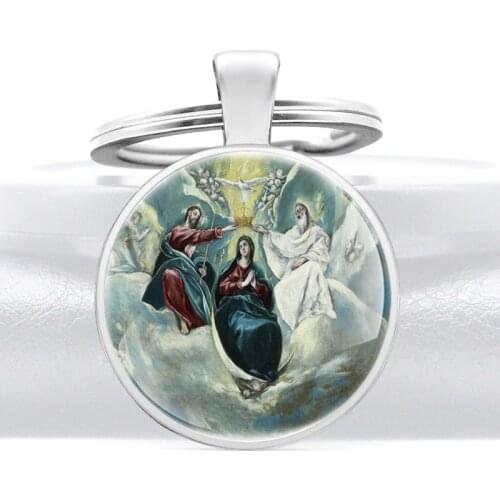 Retro Classic Coronation of the Virgin Glass Cabochon Metal Pendant Key Chain Charm Men Women Key Ring Jewelry Gifts Keychains