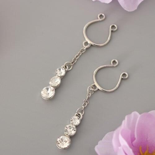 Punk Fake Nipple Rings Crystal Dangle Non-pierced Stainless Steel Stud Fake Nipplerings Adjustable Hoop Ring for women girl Gift