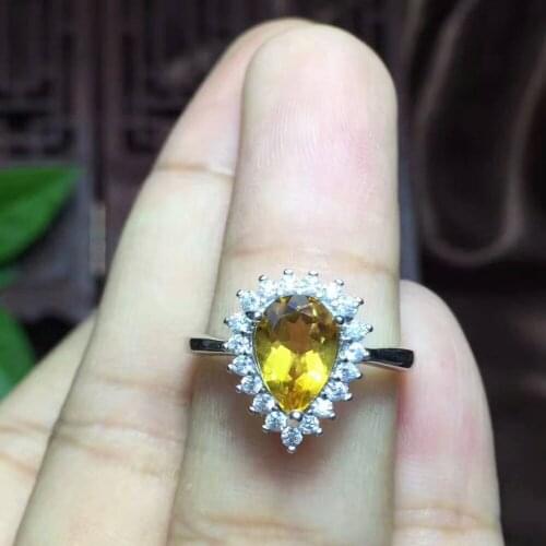 Natural yellow crystal gem Ring S925 Silver Natural citrine Fashion Elegant Water dro Ring Womens girl party Rings Jewelry