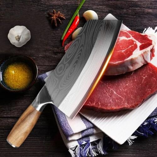 Knife Kitchen Damascus Laser Pattern Meat Cleaver Chinese Chef Chopping Slicing Knife 40CR13 Stainless Steel Vegetable Cutter