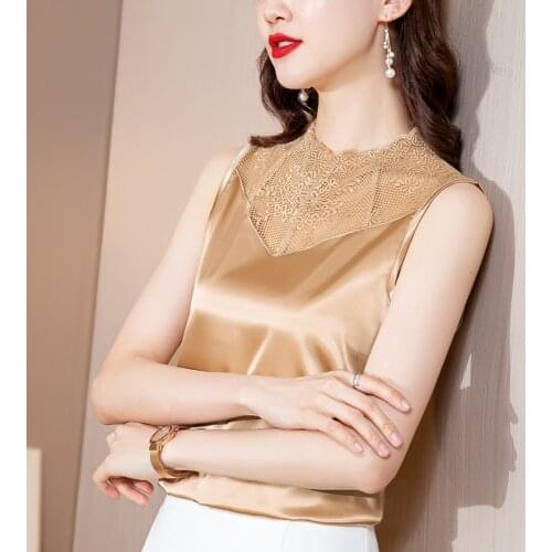 Summer Women Tank Tops Sexy Solid Satin Lace Stand Neck Camisole Female Off Shoulder Gauze Hollow Out White Vintage Womens Tops