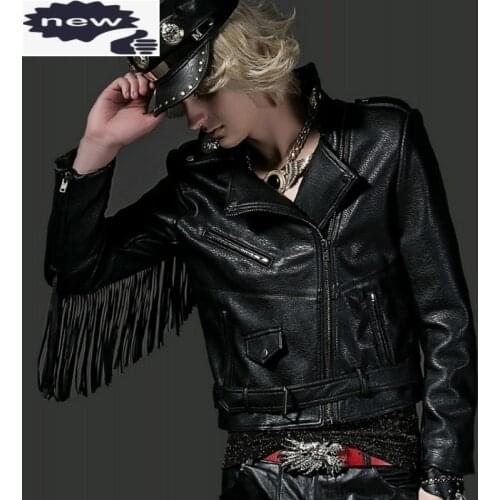 Motorcycle Short Jacket Mens Personality Tassel Cowboys Coat Punk Zipper Slim Fit Pu Leather Jackets Male Tops Biker Outerwear