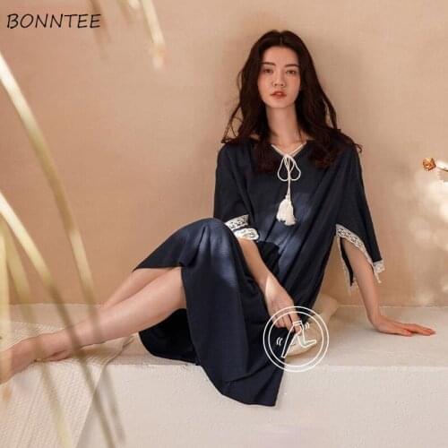 Nightgowns Women Navy Lace Irregular Half Sleeve Princess Style Girlish Lace-up Cozy Loose Summer Sleepwear Home Clothing Femme