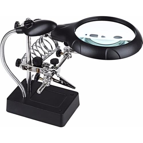 New Welding Magnifying Glass 5 LED Auxiliary Clip Magnifier 2 Exchangeable Lens Hand Soldering Solder Iron Stand Holder Station