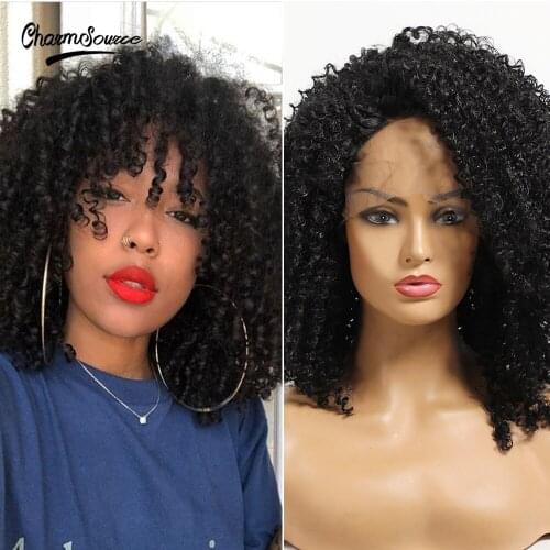CharmSource Curly Shoulder Length Front Lace Synthetic Wig for Black Women Daily Party Wedding Lace Hair