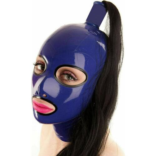Purple Latex Hood with Black Ponytail Wig Rubber Mask with Hair Pigtail Tube Handamade Halloween Costumes for Women