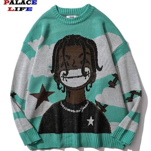 Sweater Men Hip Hop Streetwear Harajuku Cartoon Boy Print Japanese Loose Knitted Sweater 2021 Autumn Cotton Pullover O-Neck
