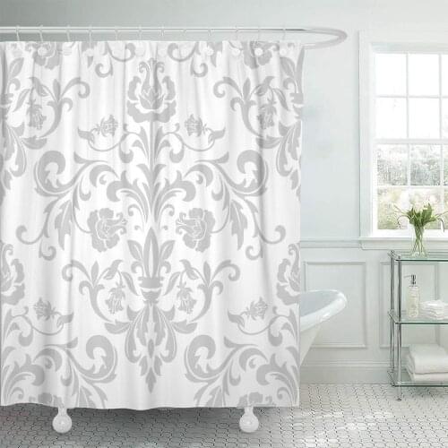 Fabric Shower Curtain with Hooks Damask in The Style of Baroque Gray and White Vintage Antique Flower Ornate Floral