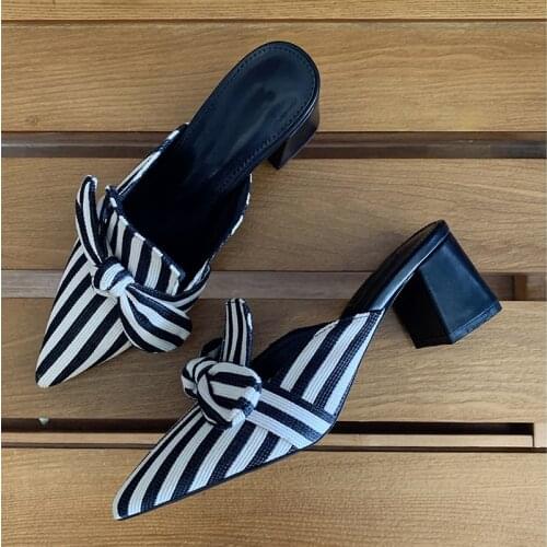 Pop Eye Attractive Stripe Thick Square Heel Butterfly Muller Female Slippers Outdoors 2021 Spring Autumn New Charming Women Shoe