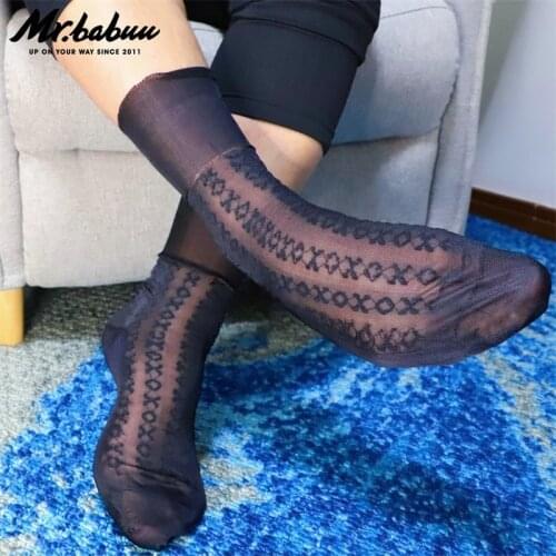 X diamond pattern mens old-fashioned nylon loose mouth hand-stitched double bottom bright and thin transparent business socks