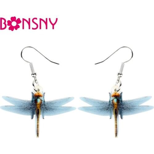 Bonsny Acrylic Novelty Blue Dragonfly Insect Earrings Drop Dangle Big Long Fashion Animal Jewelry For Women Girls Bijoux Charms
