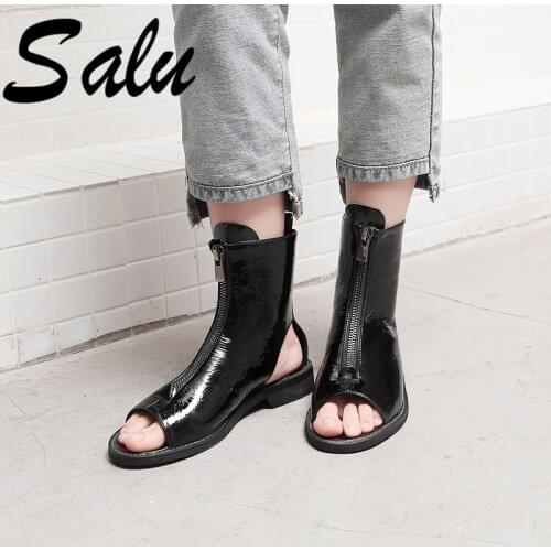 Salu Size 32-44 Ankle Boots Women Open Toe Zip Footwear Thick Low Heels Boots Female Pu Gladiator Shoes Woman Summer